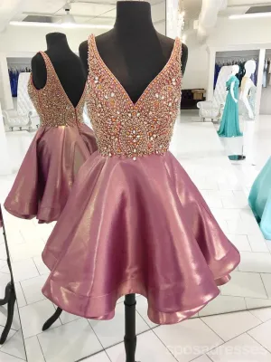 Backless V Neck Heavily Beaded Dusty Pink Homecoming Dresses, CM449