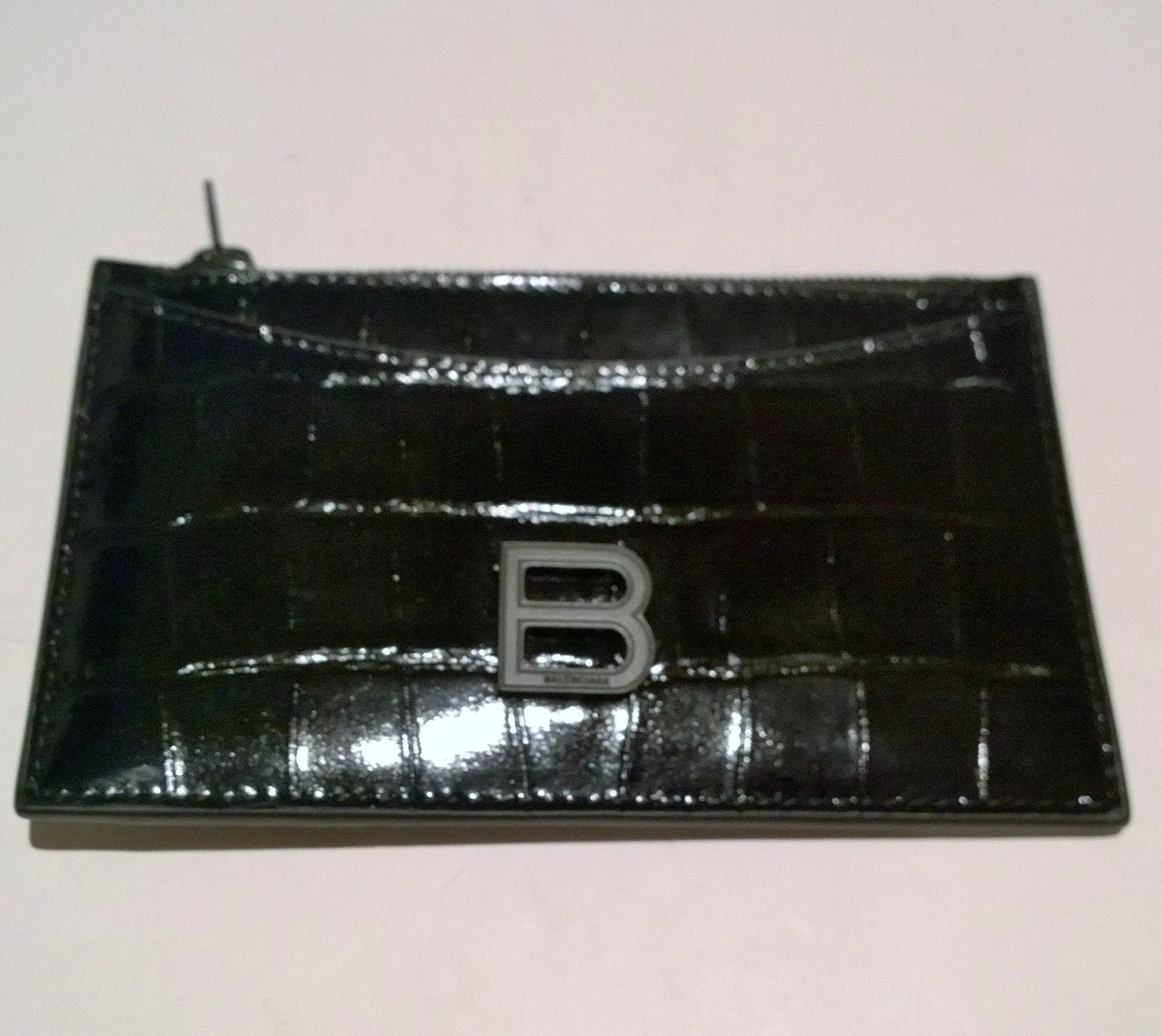 Balenciaga Black Patent Leather Card Case B Logo Croc Embossed Wallet Coin Holder
