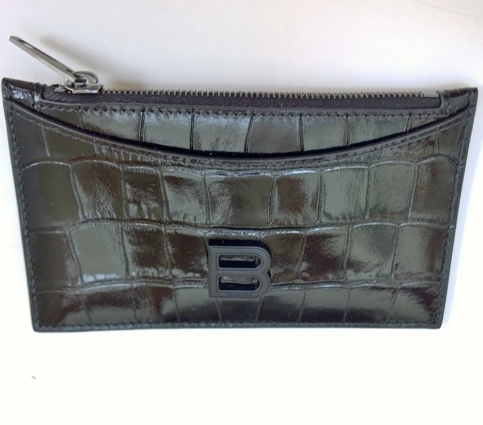 Balenciaga Black Patent Leather Card Case B Logo Croc Embossed Wallet Coin Holder