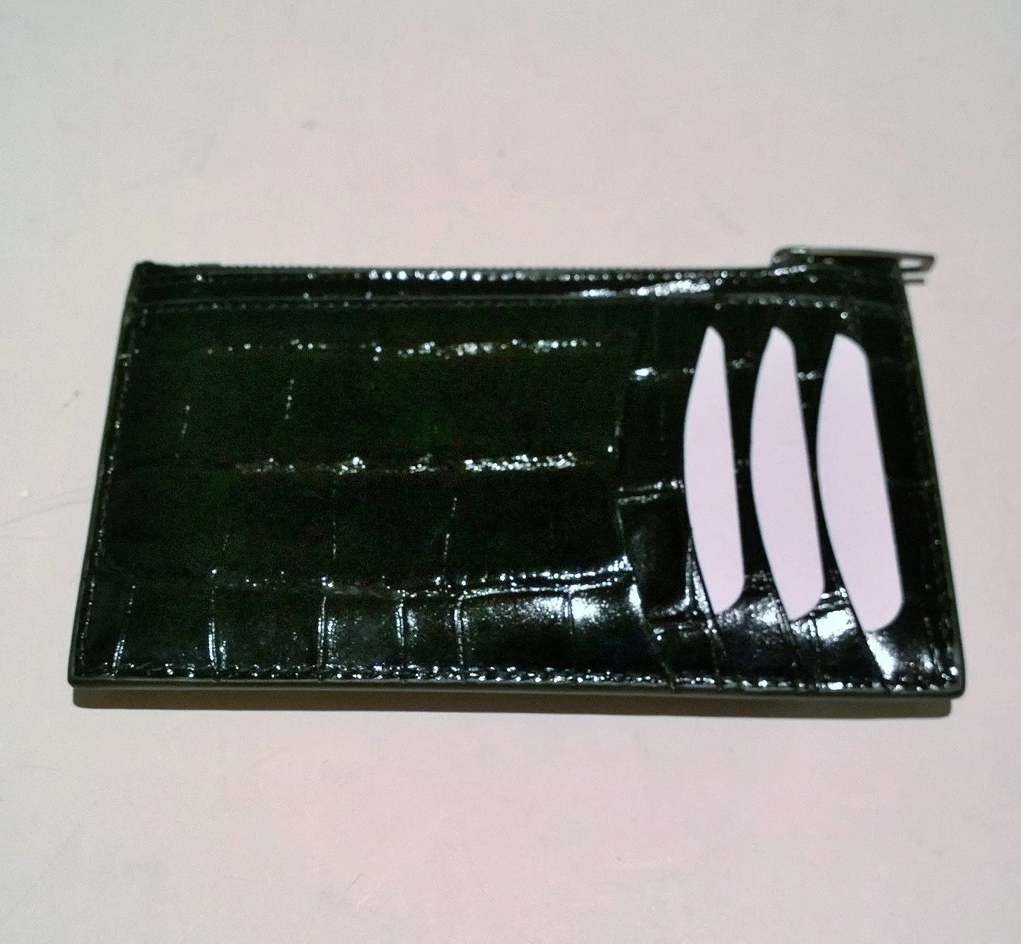 Balenciaga Black Patent Leather Card Case B Logo Croc Embossed Wallet Coin Holder