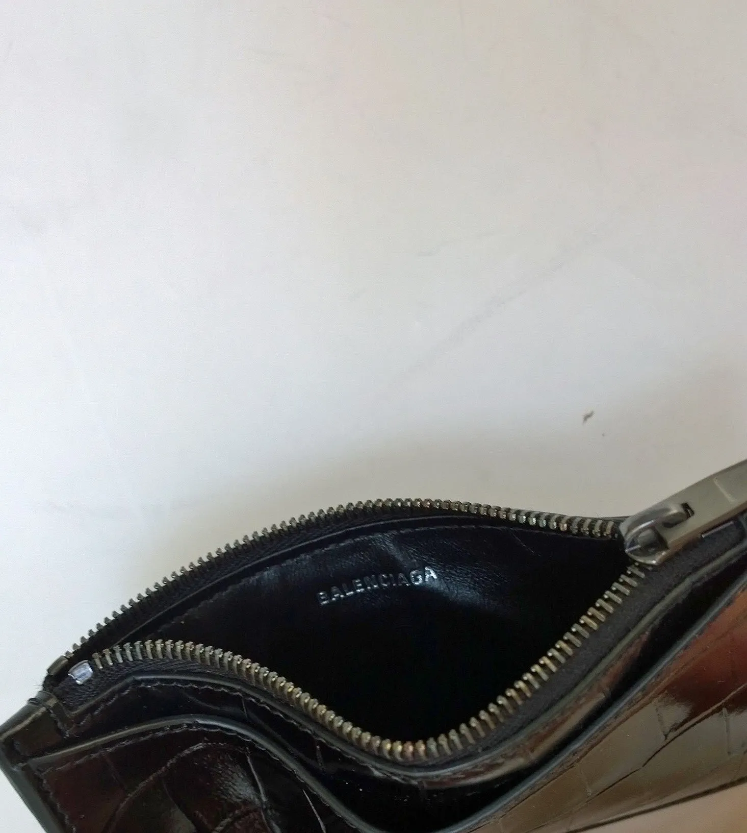 Balenciaga Black Patent Leather Card Case B Logo Croc Embossed Wallet Coin Holder