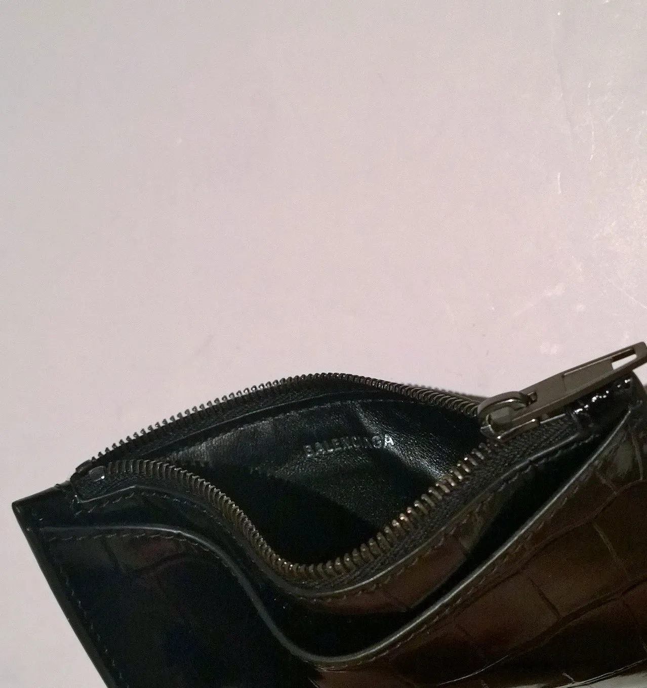 Balenciaga Black Patent Leather Card Case B Logo Croc Embossed Wallet Coin Holder