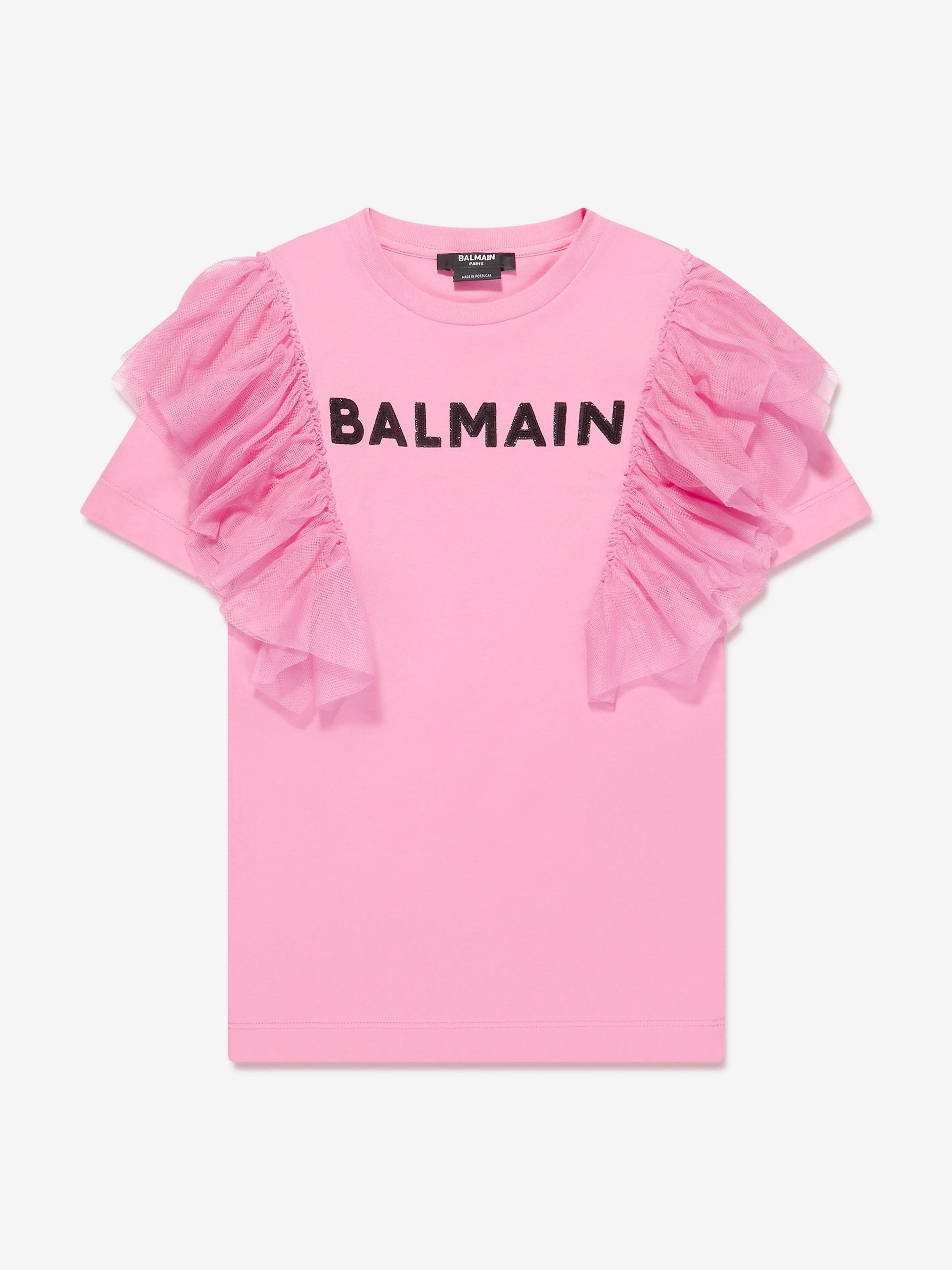 Balmain Girls Tulle Trim Jersey Dress in Pink
