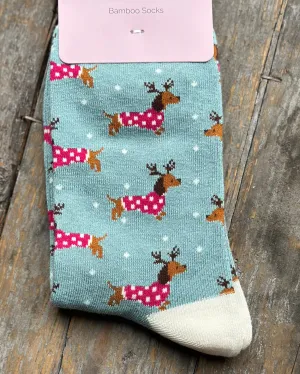 Bamboo Socks - Festive Sausage Dogs Duck Egg