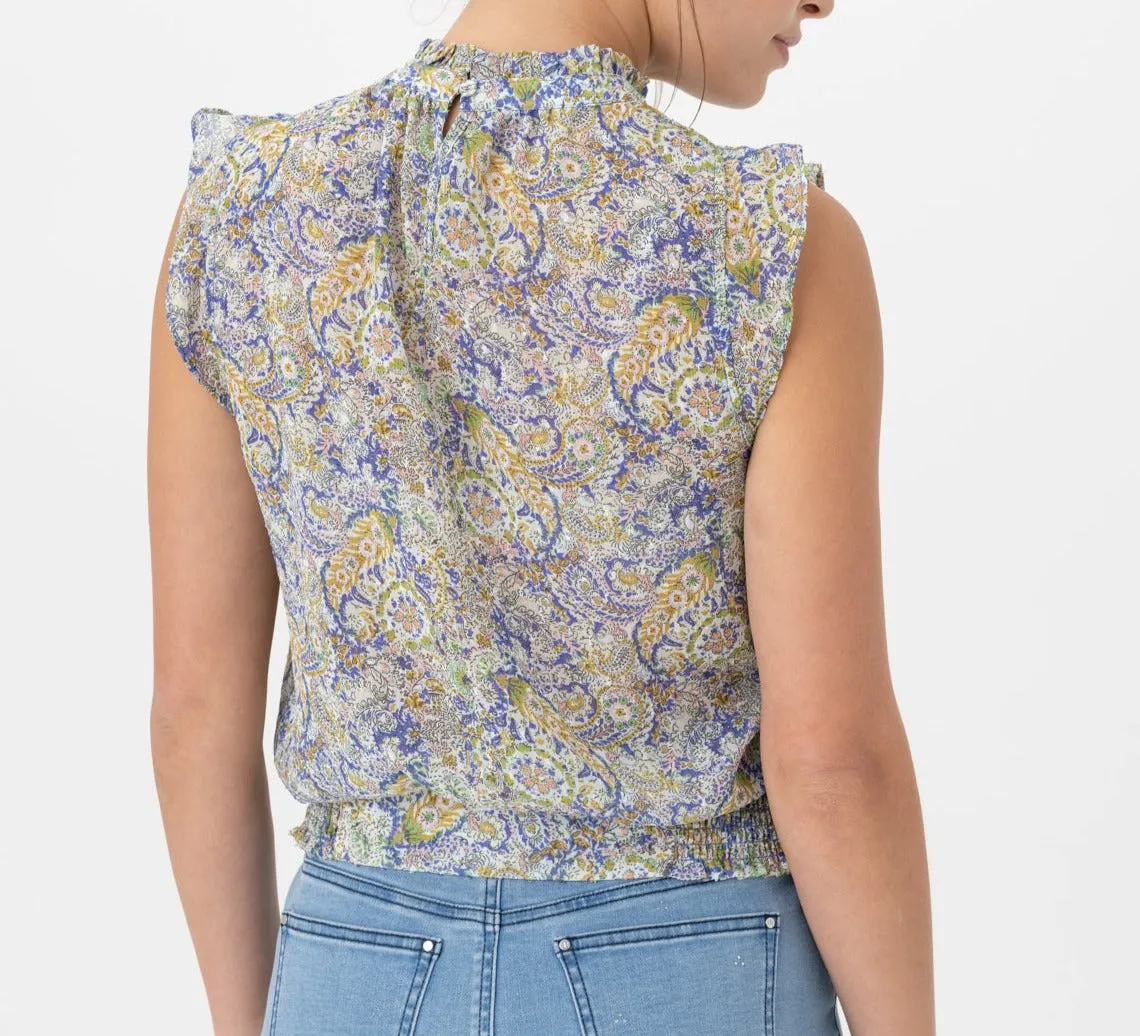 Banded Floral Ruffle Sleeve Blouse
