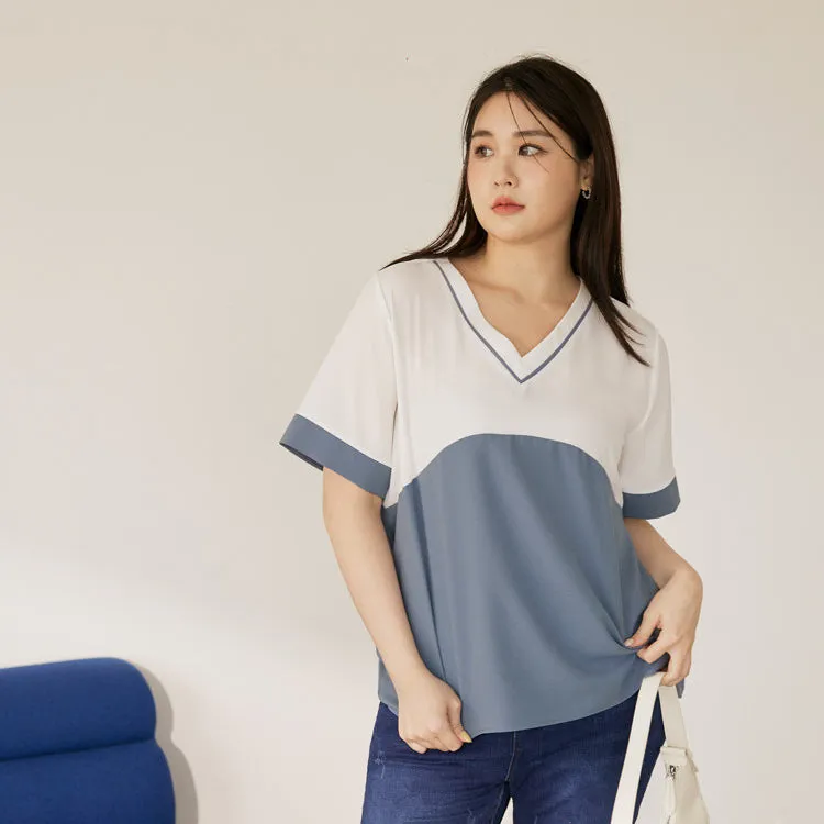 Basic Loose V-Neck Colorblock Blouse Top