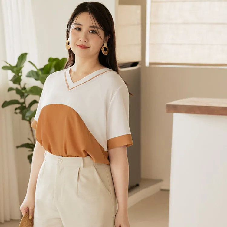 Basic Loose V-Neck Colorblock Blouse Top