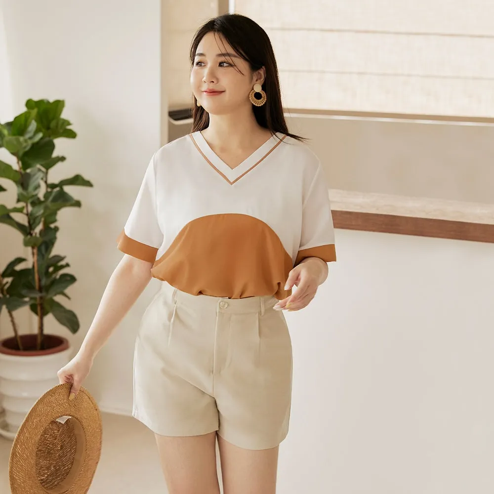 Basic Loose V-Neck Colorblock Blouse Top