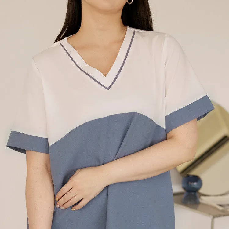 Basic Loose V-Neck Colorblock Blouse Top