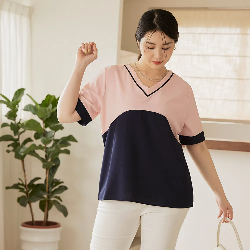 Basic Loose V-Neck Colorblock Blouse Top