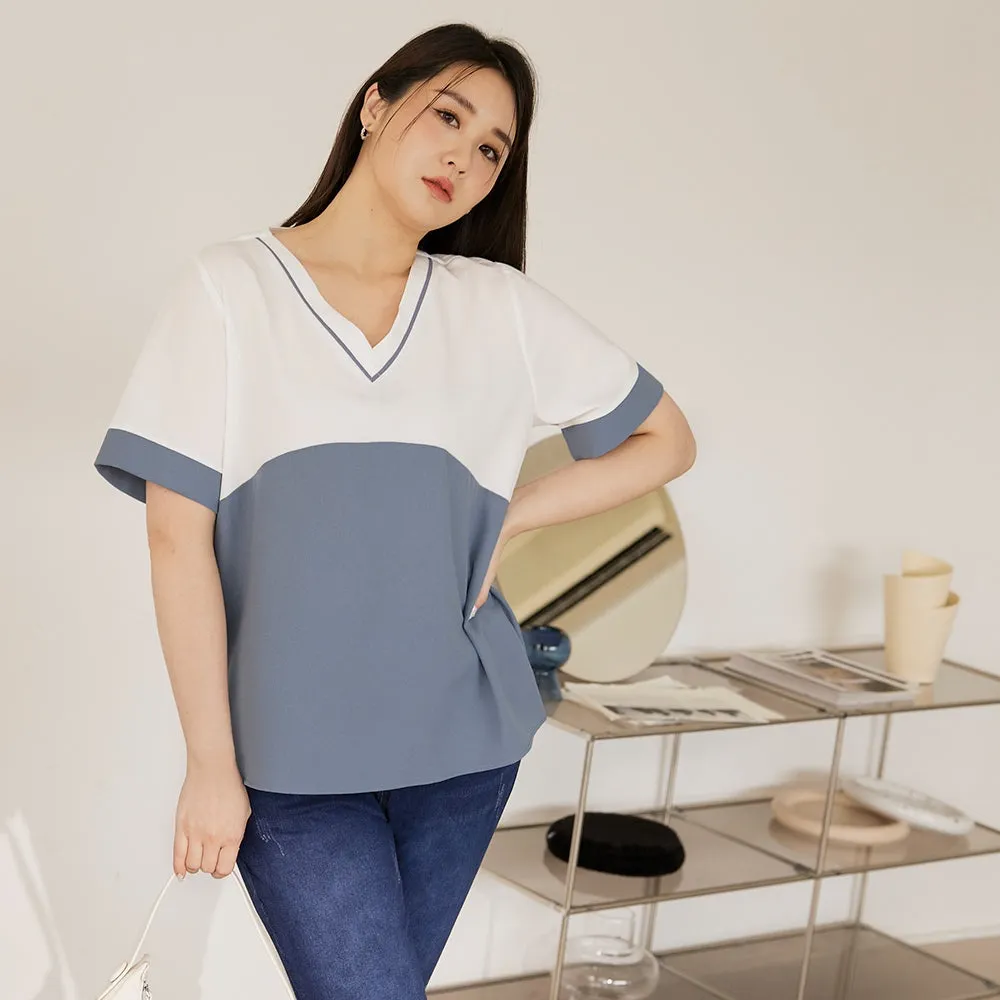 Basic Loose V-Neck Colorblock Blouse Top