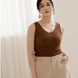 Basic Solid Plain V-Neck Ribbed Cotton Sleeveless Tank Top