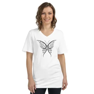 Beautiful Butterfly Black - Unisex Short Sleeve V-Neck T-Shirt, comfy, soft, ring-spun cotton