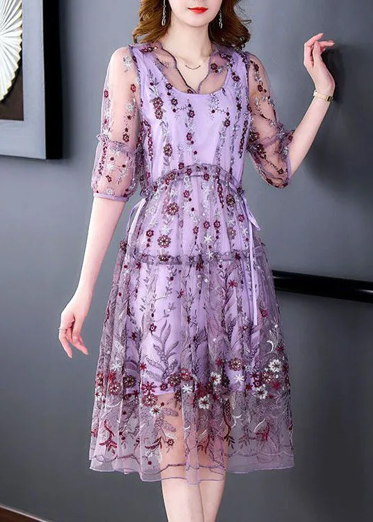 Beautiful Purple Embroideried Hollow Out Tulle Long Dress Summer TH1003