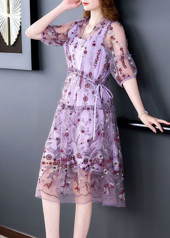 Beautiful Purple Embroideried Hollow Out Tulle Long Dress Summer TH1003