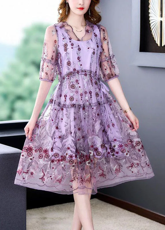 Beautiful Purple Embroideried Hollow Out Tulle Long Dress Summer TH1003
