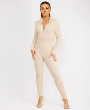 Beige Front Zip Ribbed Structured Contour Jumpsuit