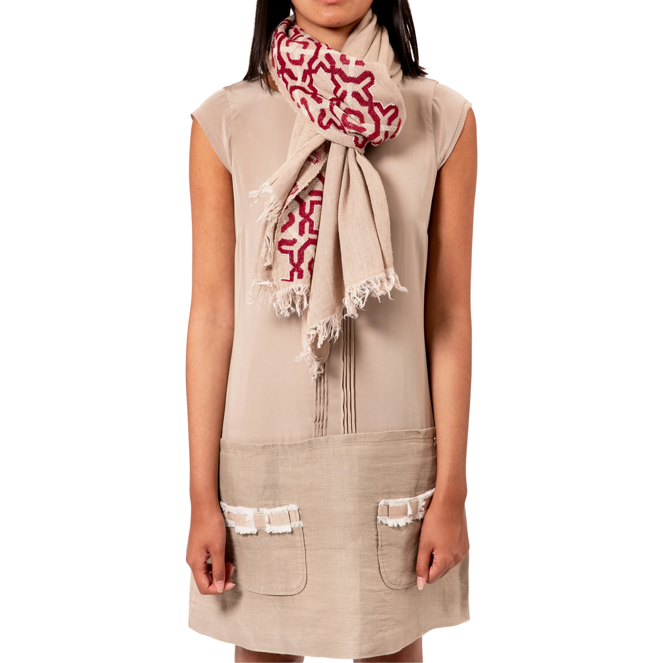 BEIGE LINEN SHAWL BURGUNDY ALHAMBRA