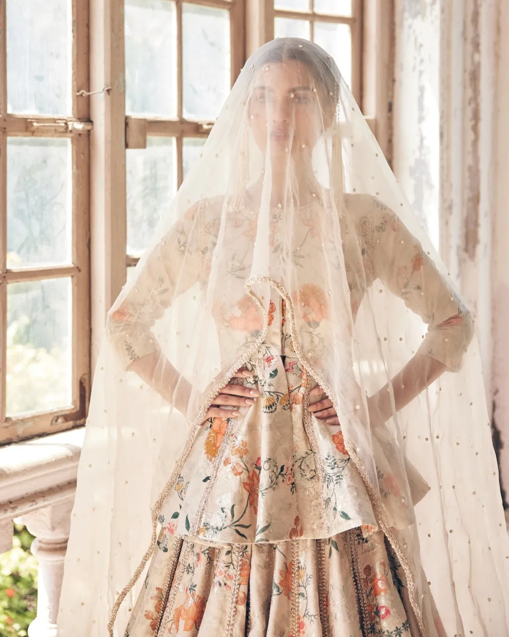 Beige Printed Self Woven Jacquard Peplum Lehenga Set