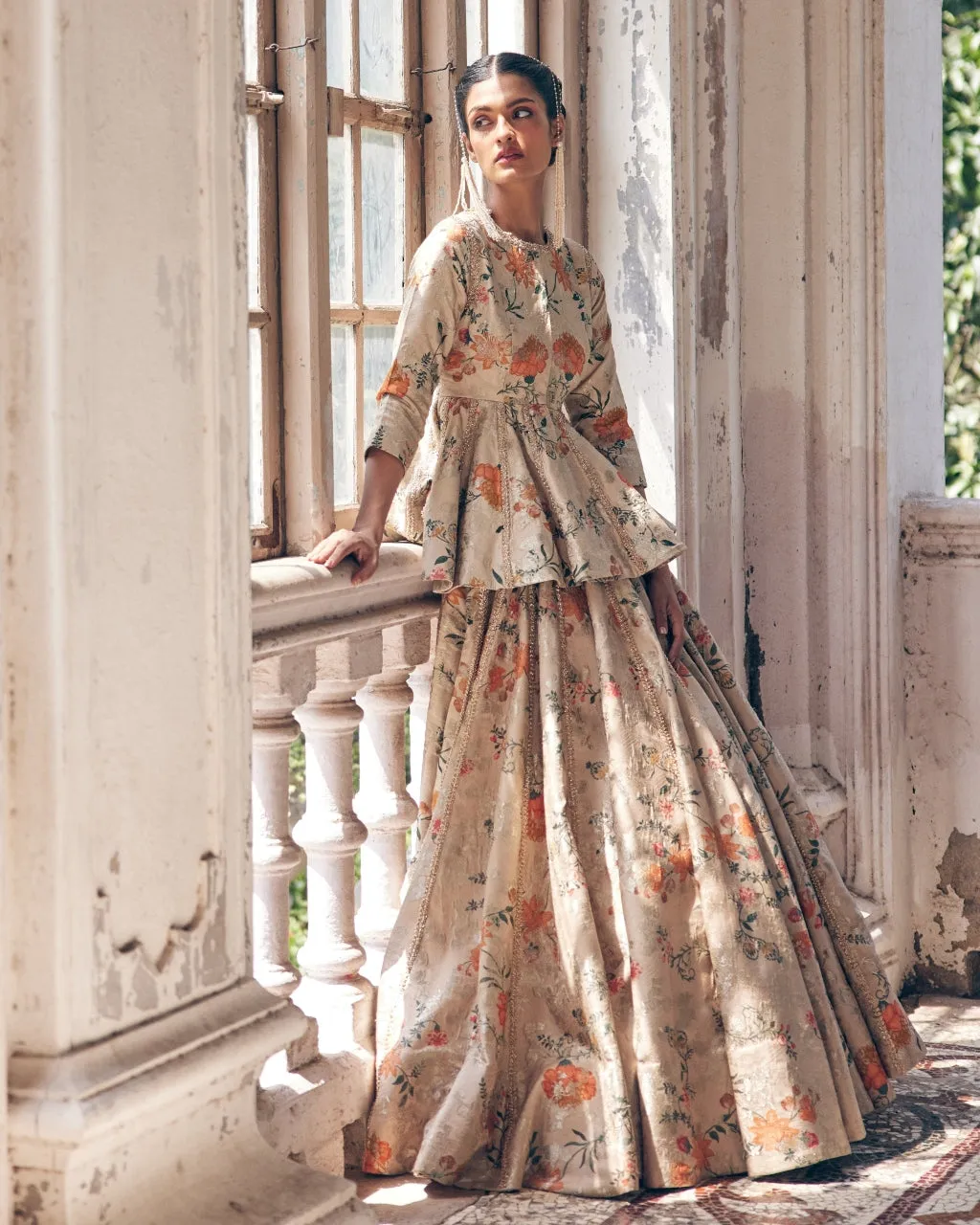 Beige Printed Self Woven Jacquard Peplum Lehenga Set