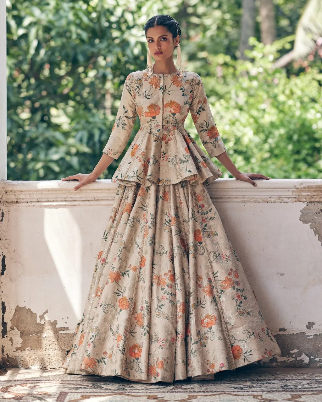 Beige Printed Self Woven Jacquard Peplum Lehenga Set