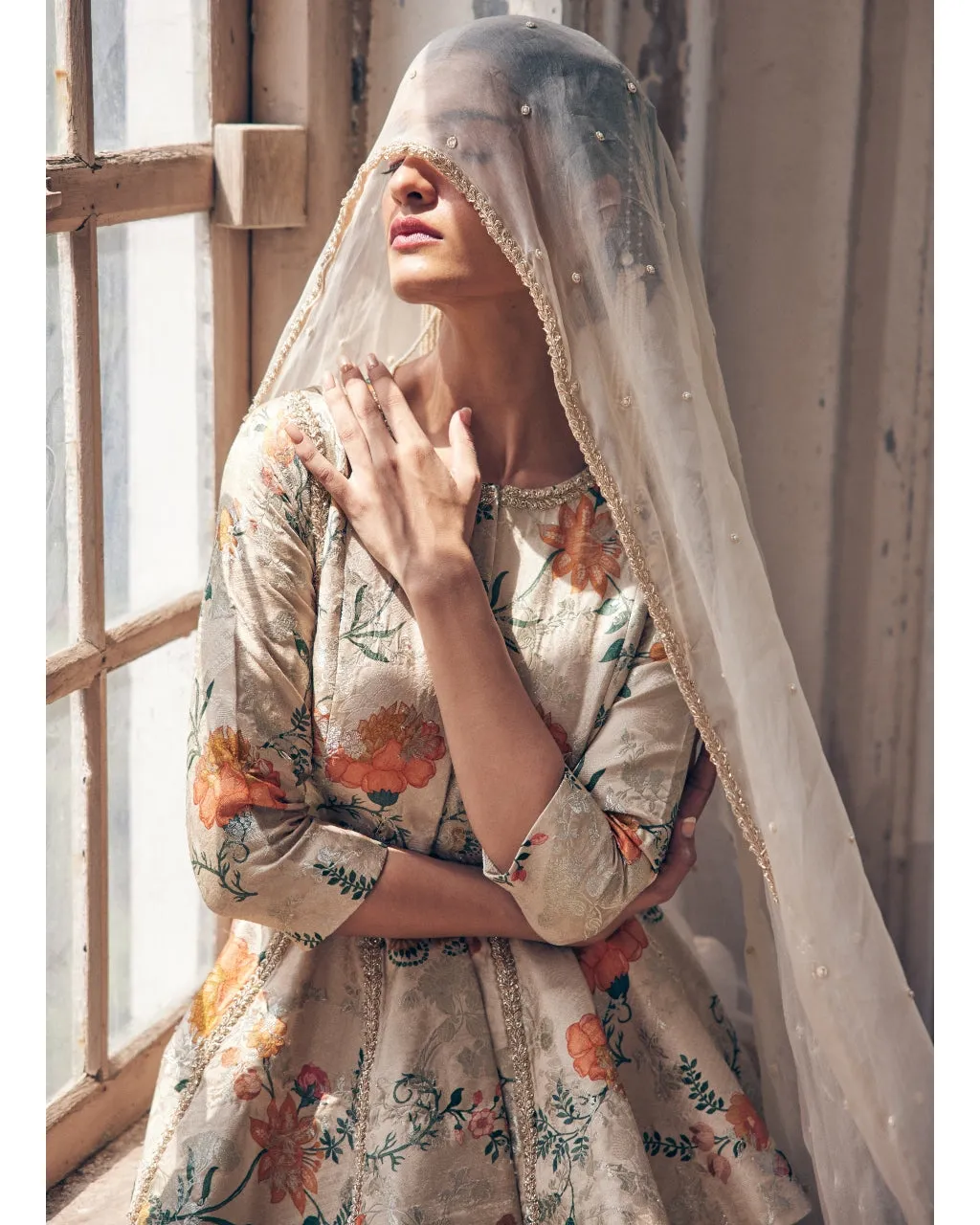 Beige Printed Self Woven Jacquard Peplum Lehenga Set