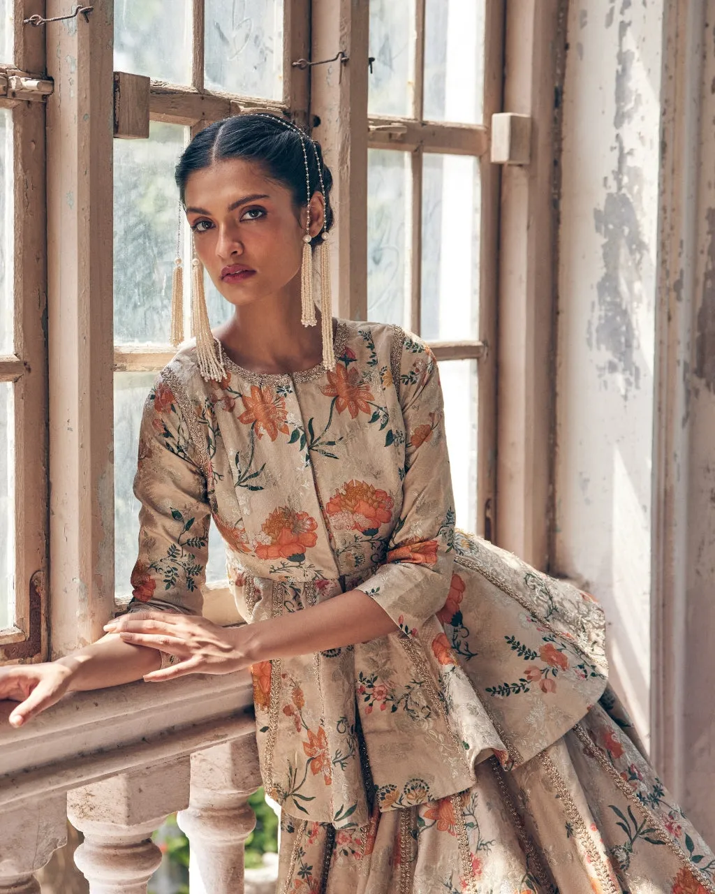 Beige Printed Self Woven Jacquard Peplum Lehenga Set
