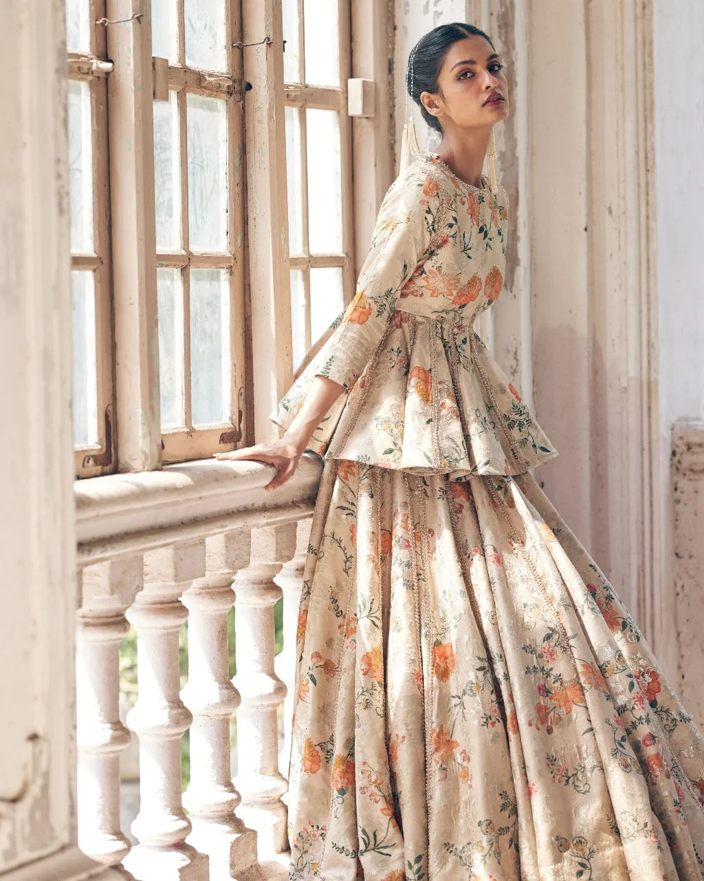 Beige Printed Self Woven Jacquard Peplum Lehenga Set