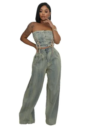 BELTED STRAPLESS CROP DENIM PANT SET