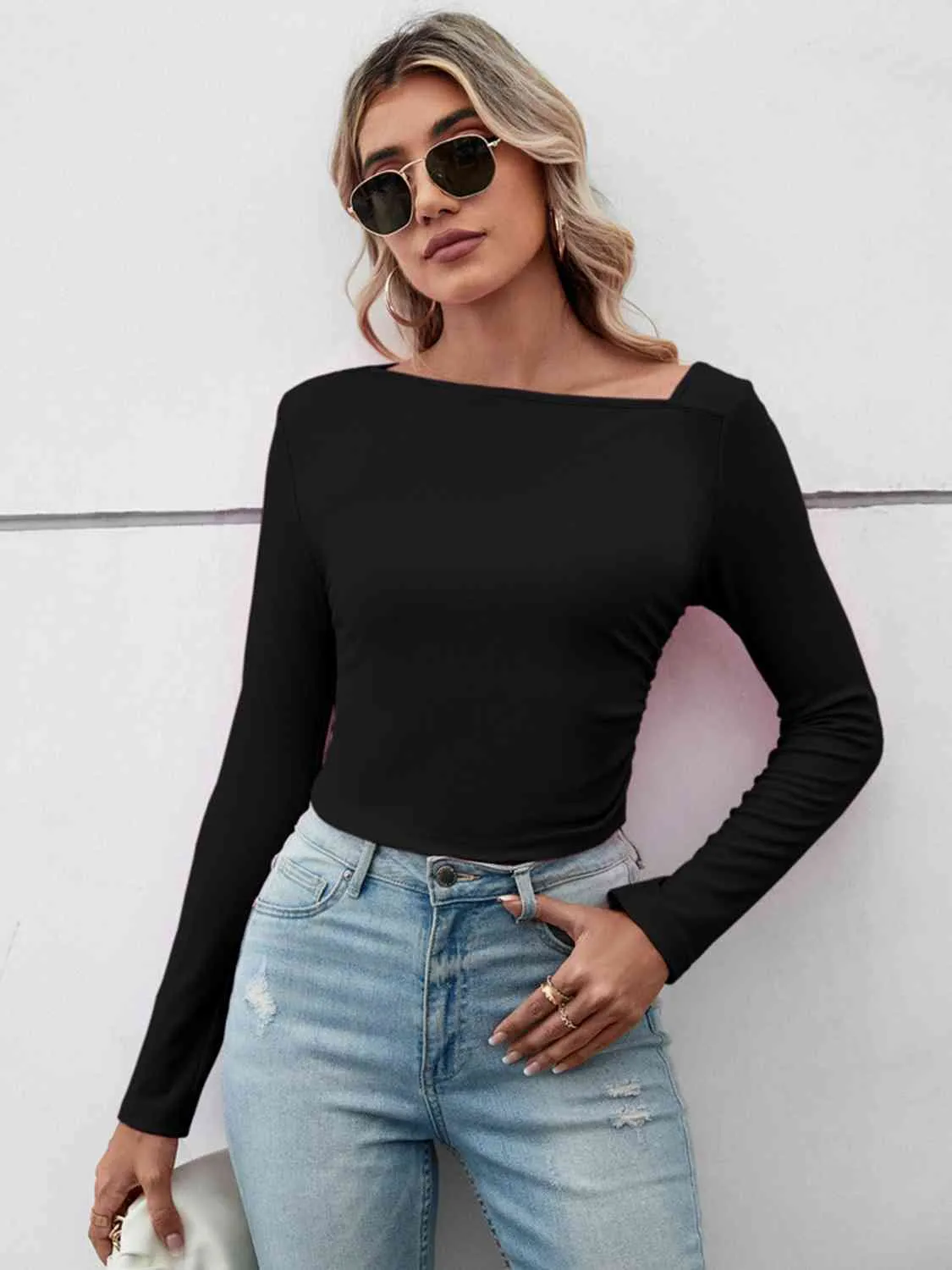 BerryBetty - Asymmetrical Neck Long Sleeve Basic Casual Topl Long Sleeve T-Shirt