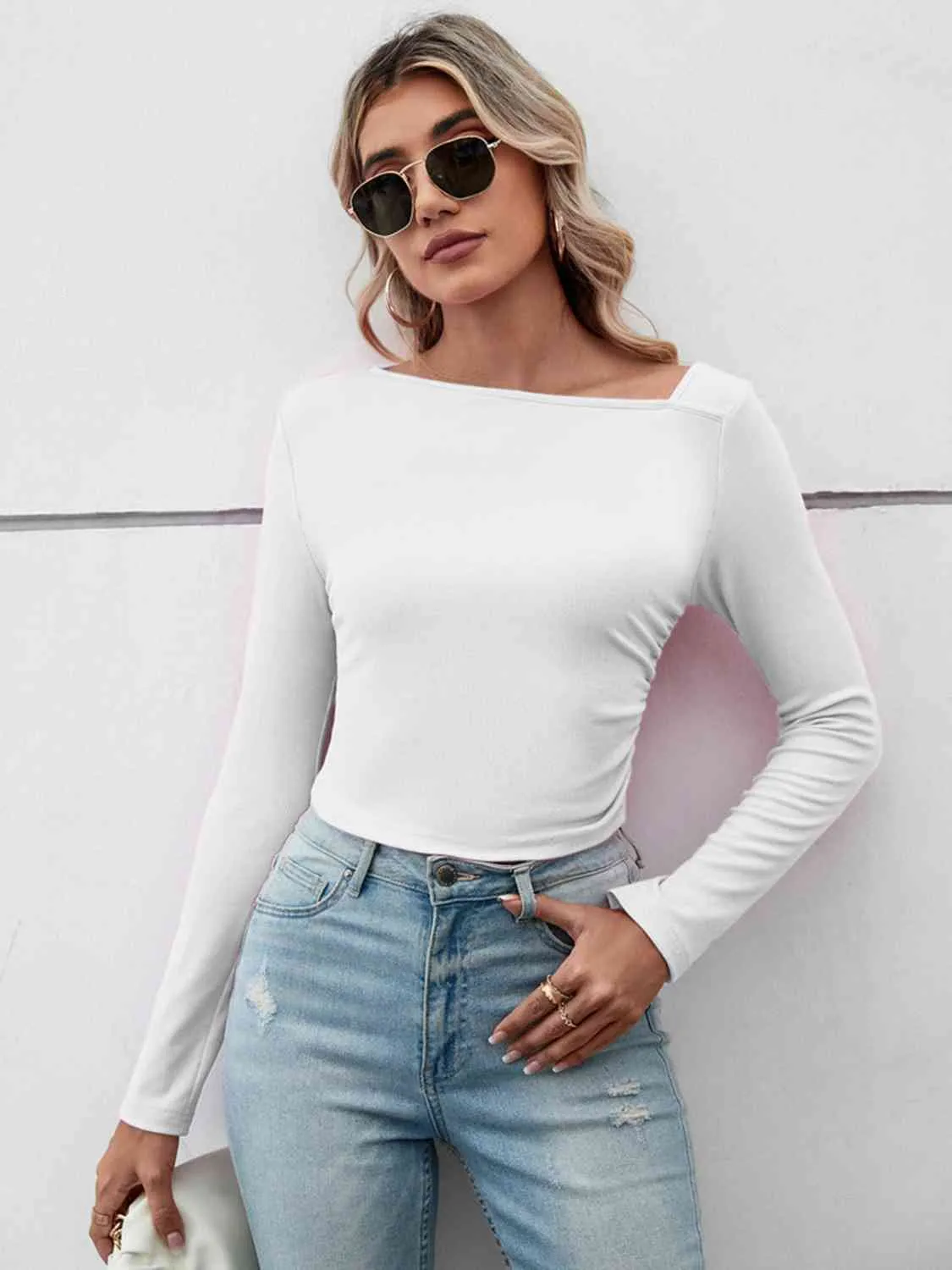 BerryBetty - Asymmetrical Neck Long Sleeve Basic Casual Topl Long Sleeve T-Shirt