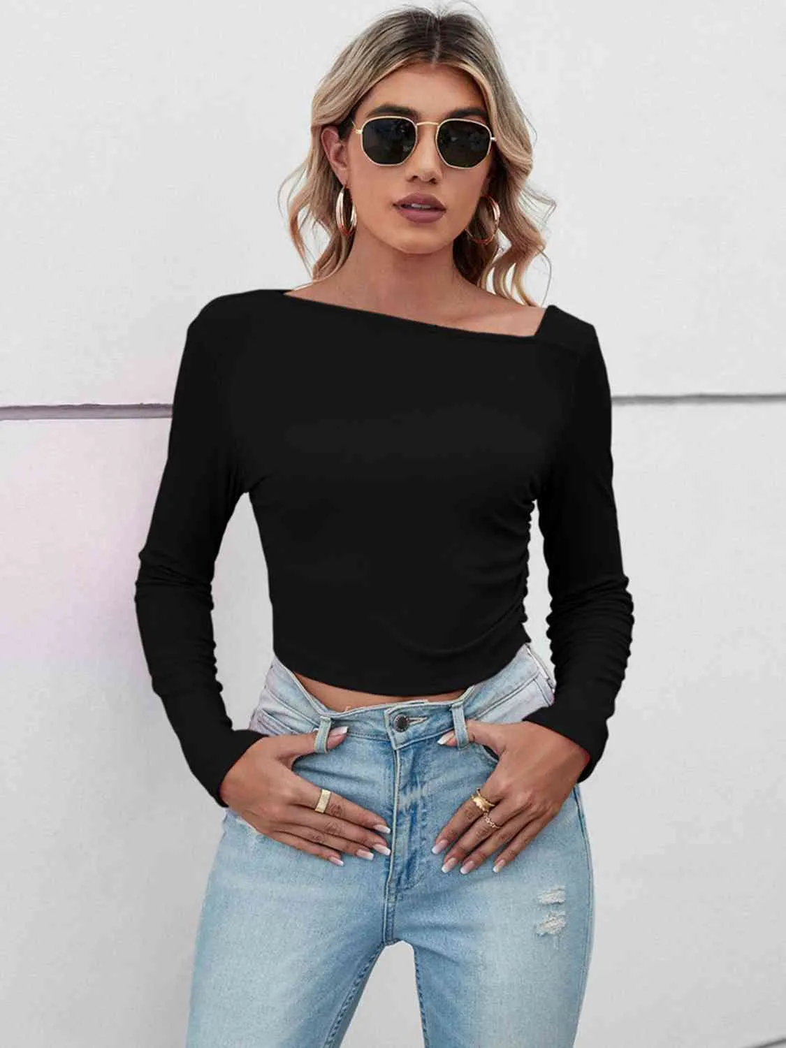 BerryBetty - Asymmetrical Neck Long Sleeve Basic Casual Topl Long Sleeve T-Shirt