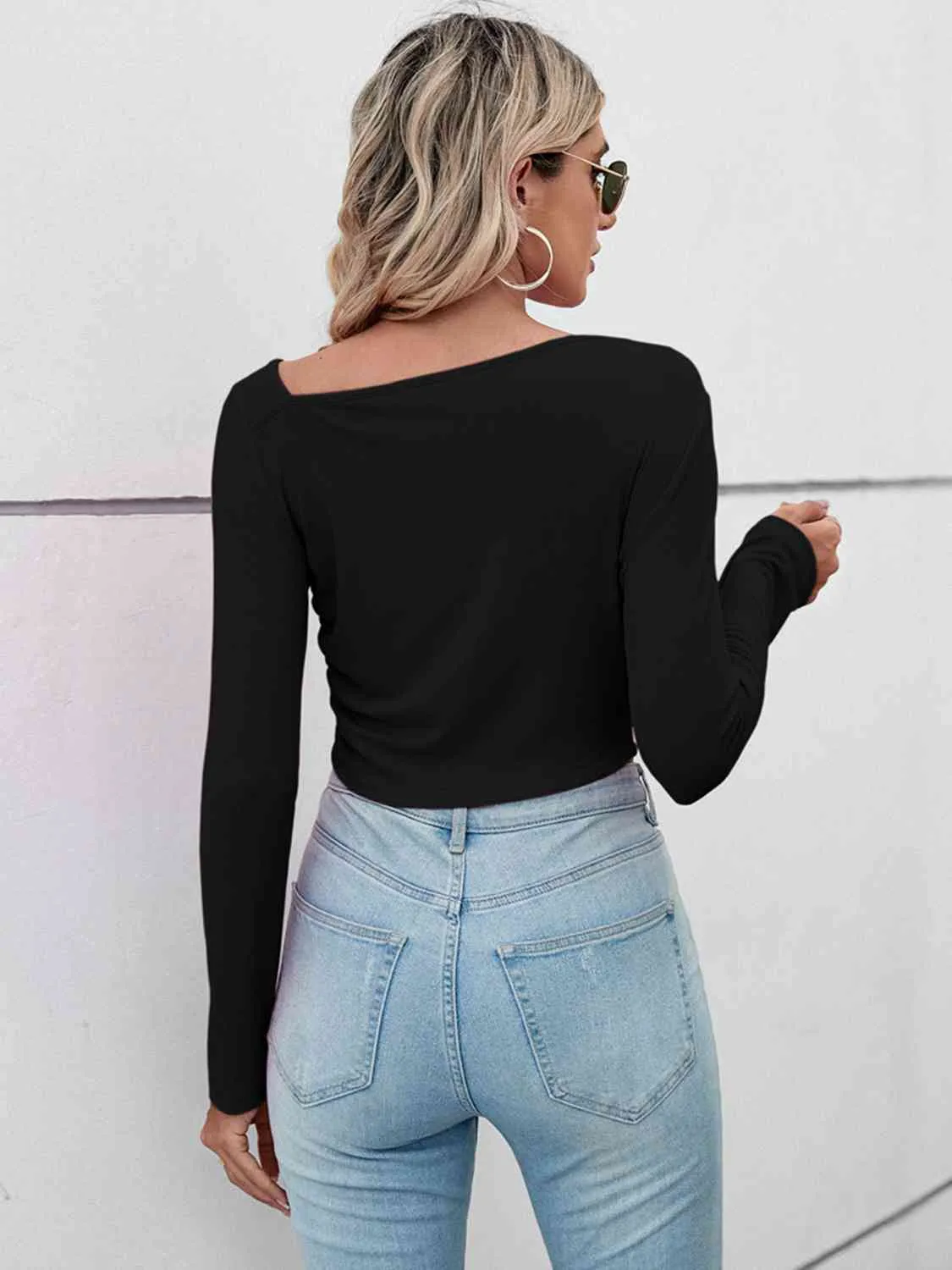 BerryBetty - Asymmetrical Neck Long Sleeve Basic Casual Topl Long Sleeve T-Shirt
