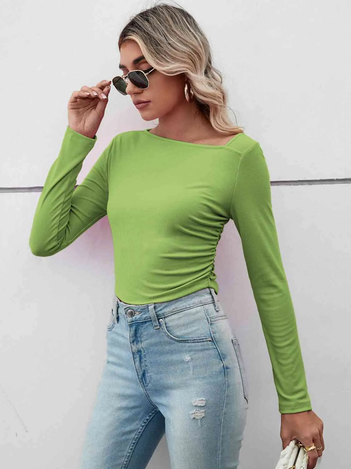 BerryBetty - Asymmetrical Neck Long Sleeve Basic Casual Topl Long Sleeve T-Shirt