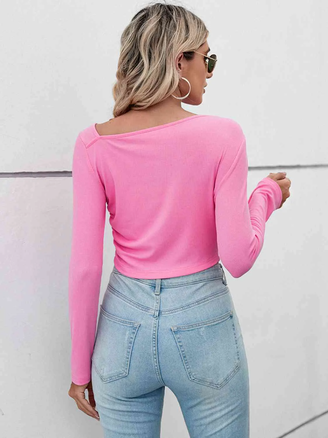 BerryBetty - Asymmetrical Neck Long Sleeve Basic Casual Topl Long Sleeve T-Shirt