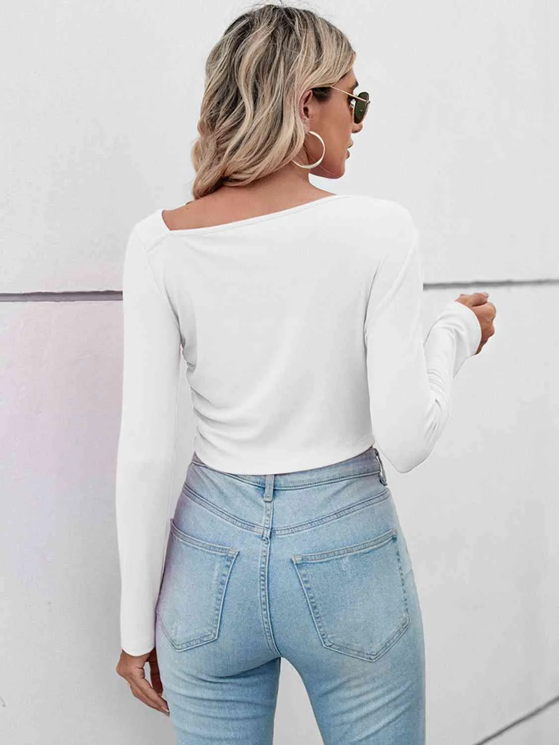 BerryBetty - Asymmetrical Neck Long Sleeve Basic Casual Topl Long Sleeve T-Shirt