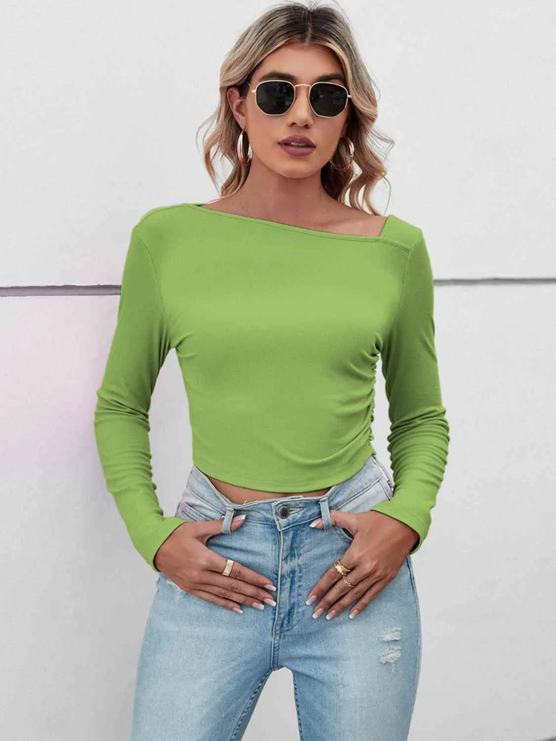 BerryBetty - Asymmetrical Neck Long Sleeve Basic Casual Topl Long Sleeve T-Shirt