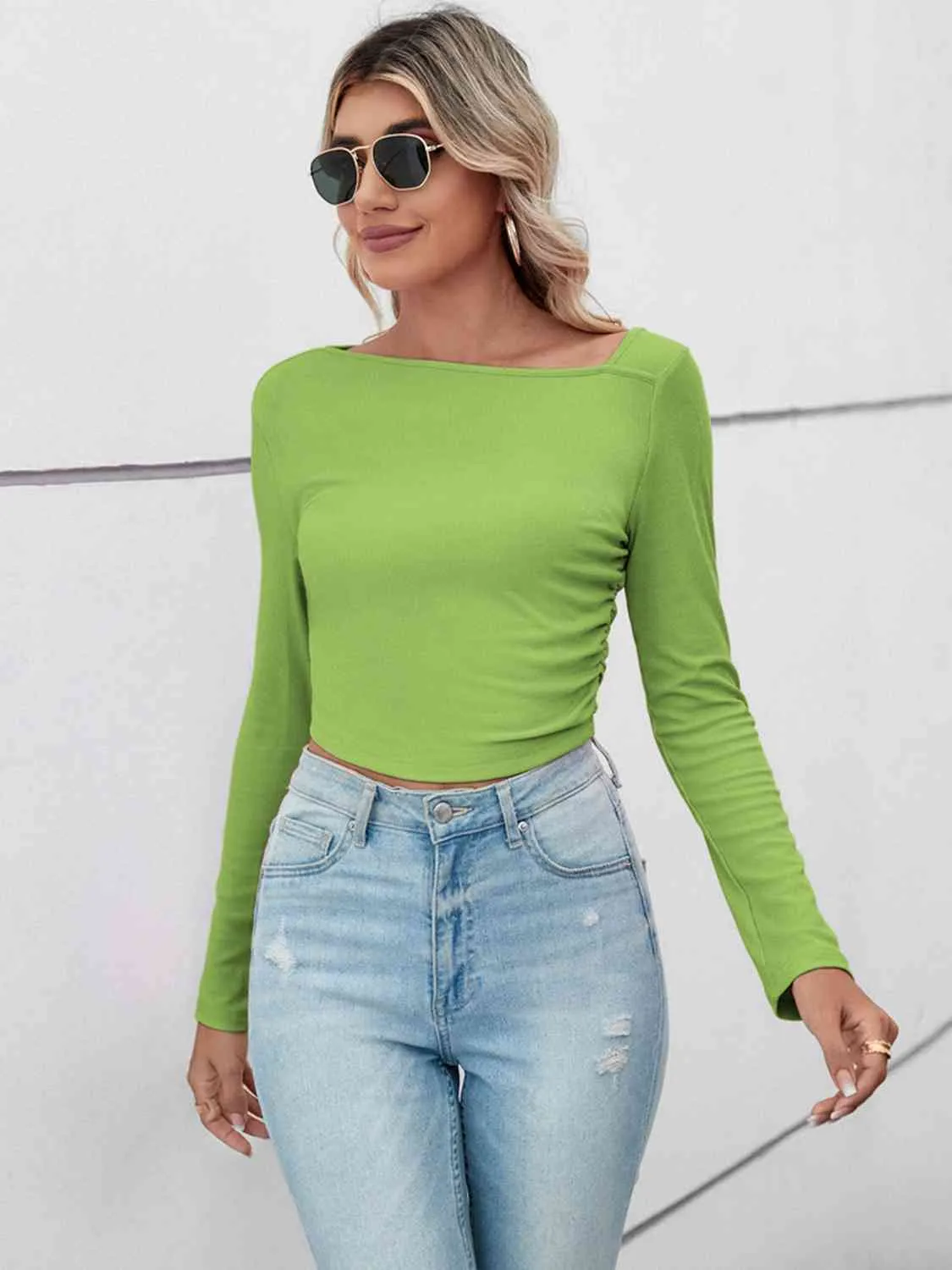 BerryBetty - Asymmetrical Neck Long Sleeve Basic Casual Topl Long Sleeve T-Shirt