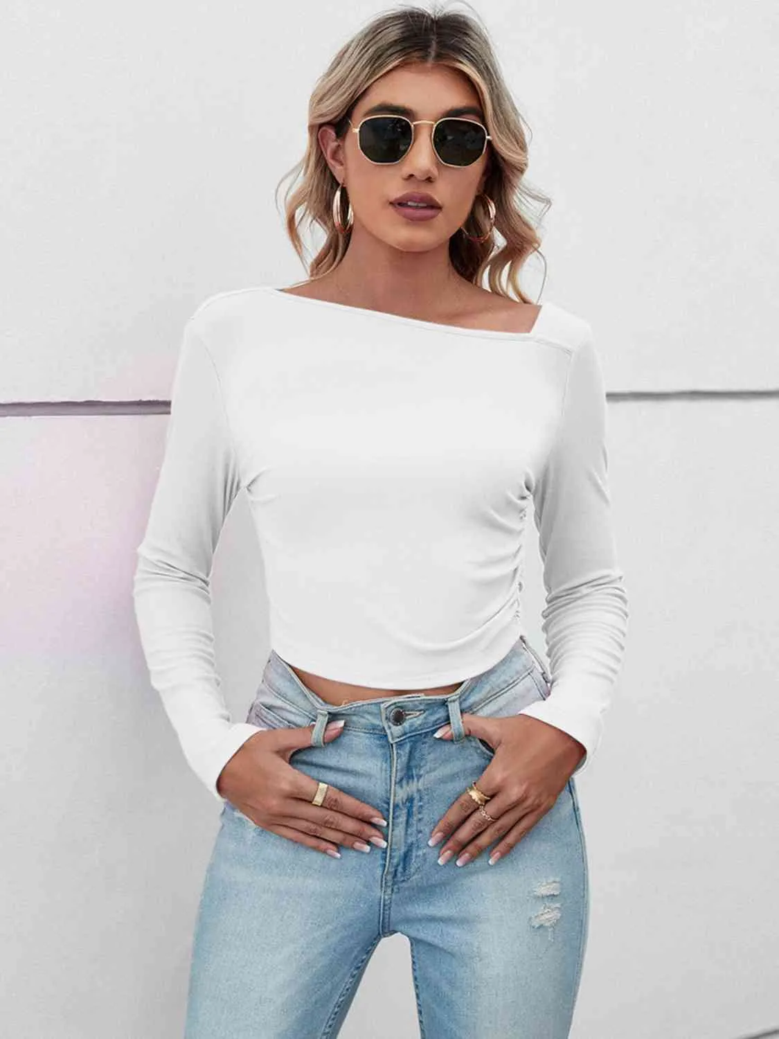 BerryBetty - Asymmetrical Neck Long Sleeve Basic Casual Topl Long Sleeve T-Shirt
