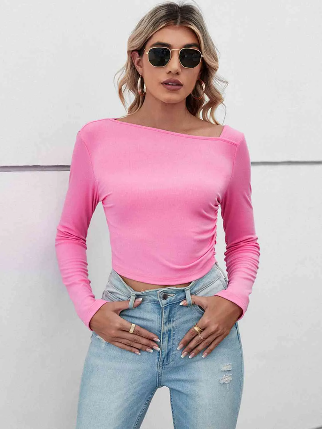 BerryBetty - Asymmetrical Neck Long Sleeve Basic Casual Topl Long Sleeve T-Shirt