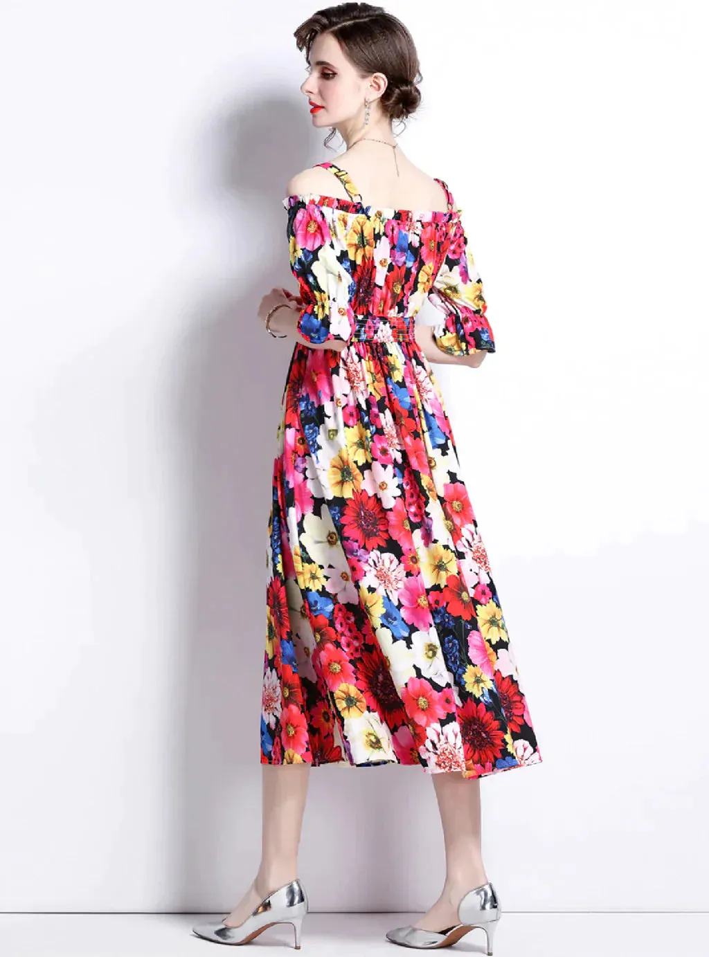 BerryBetty - Beach Short Sleeve Printed Elastic Waist Dress