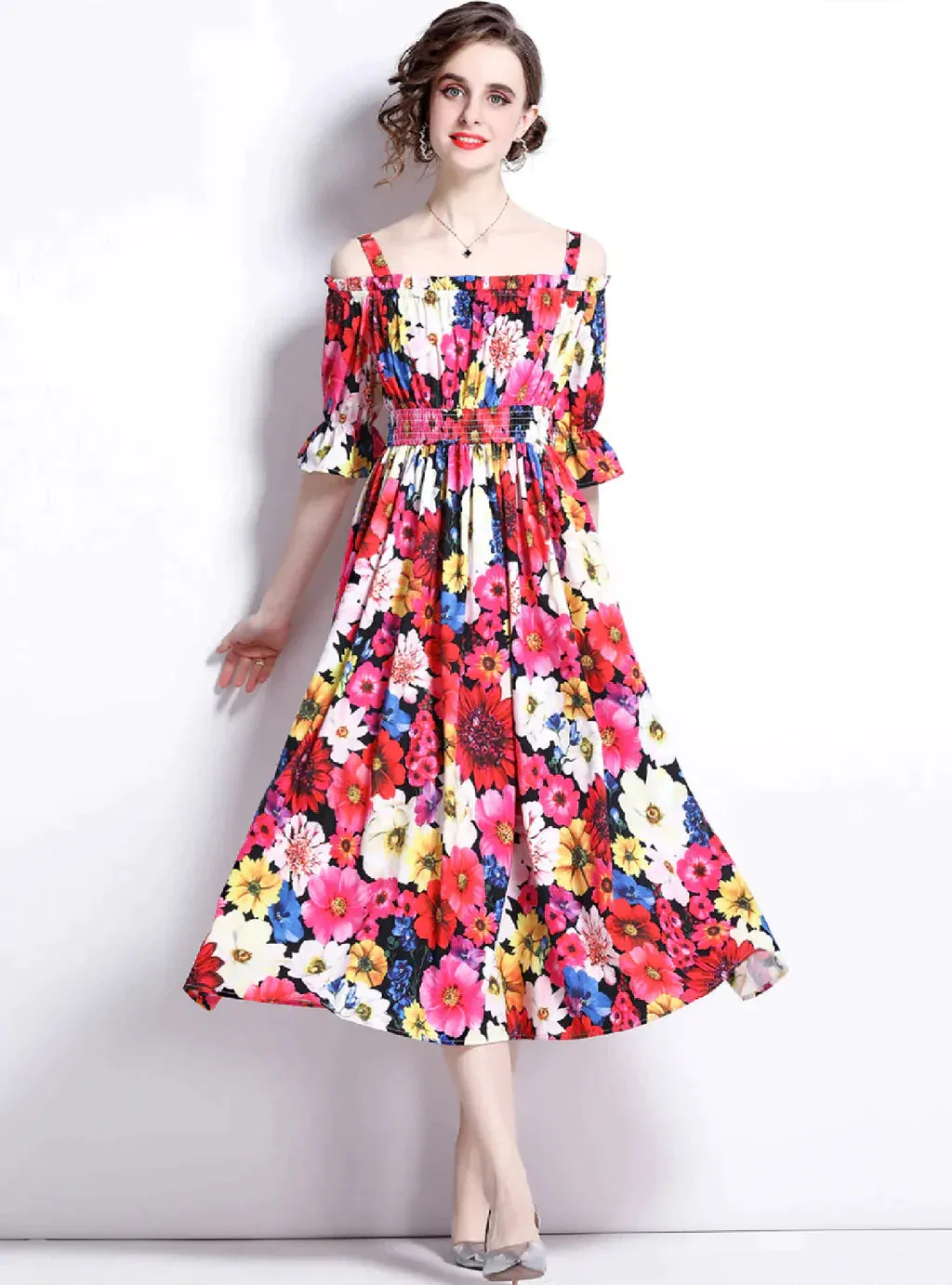 BerryBetty - Beach Short Sleeve Printed Elastic Waist Dress