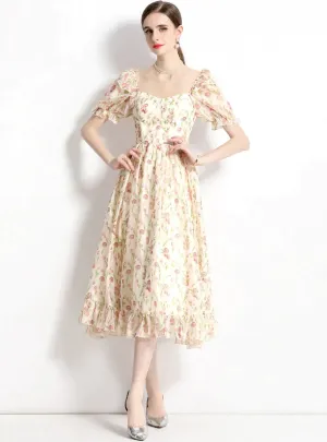BerryBetty - Bubble Sleeve Floral Chiffon Dress