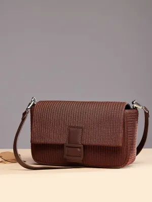 Berrylush Women Brown Textured Pattern Synthetic Leather Detachable Sling Strap Regular Shoulder Bag