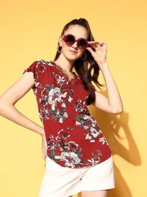 Berrylush Women Maroon & White Floral Printed V-Neck Lace Insert Curved Regular Top