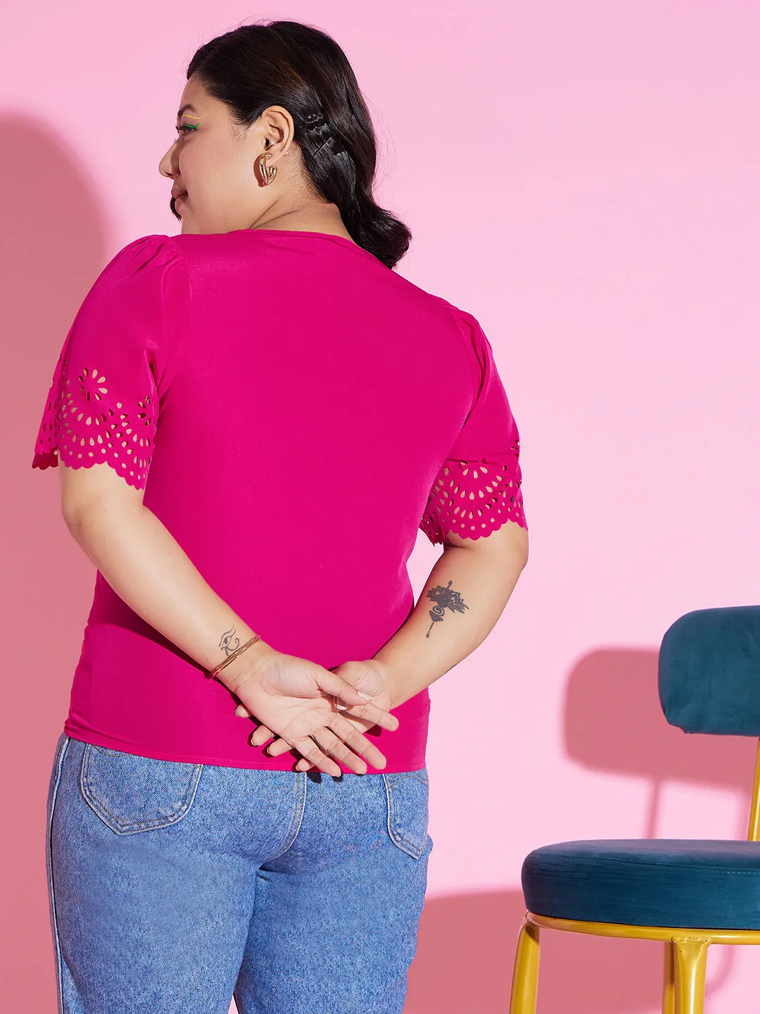 Berrylush Women Plus Size Solid Pink V-Neck Cutout Sleeve Crepe Regular Top