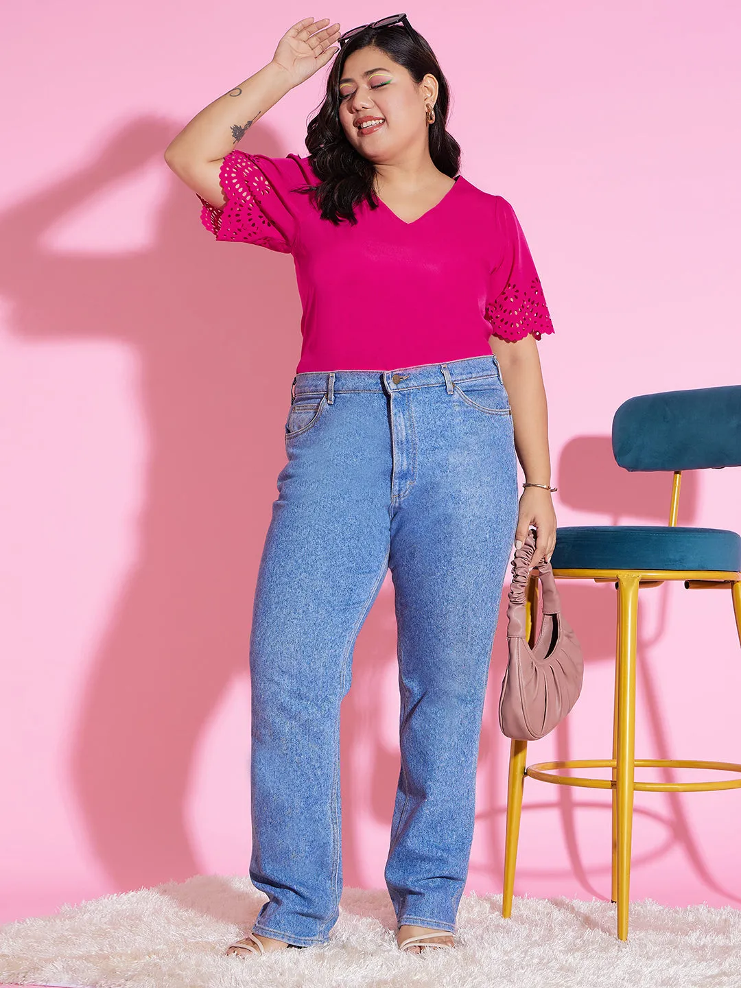 Berrylush Women Plus Size Solid Pink V-Neck Cutout Sleeve Crepe Regular Top