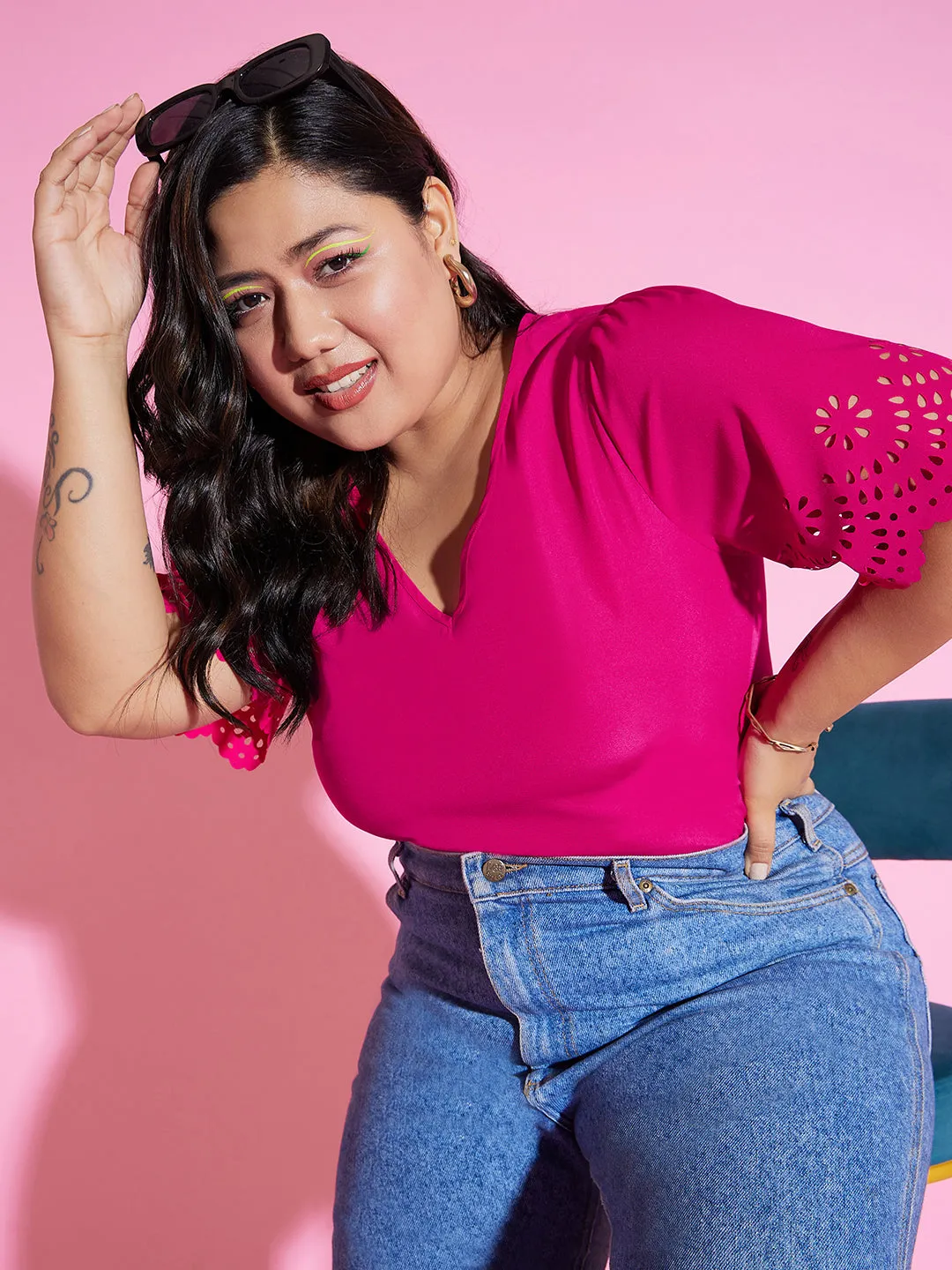 Berrylush Women Plus Size Solid Pink V-Neck Cutout Sleeve Crepe Regular Top