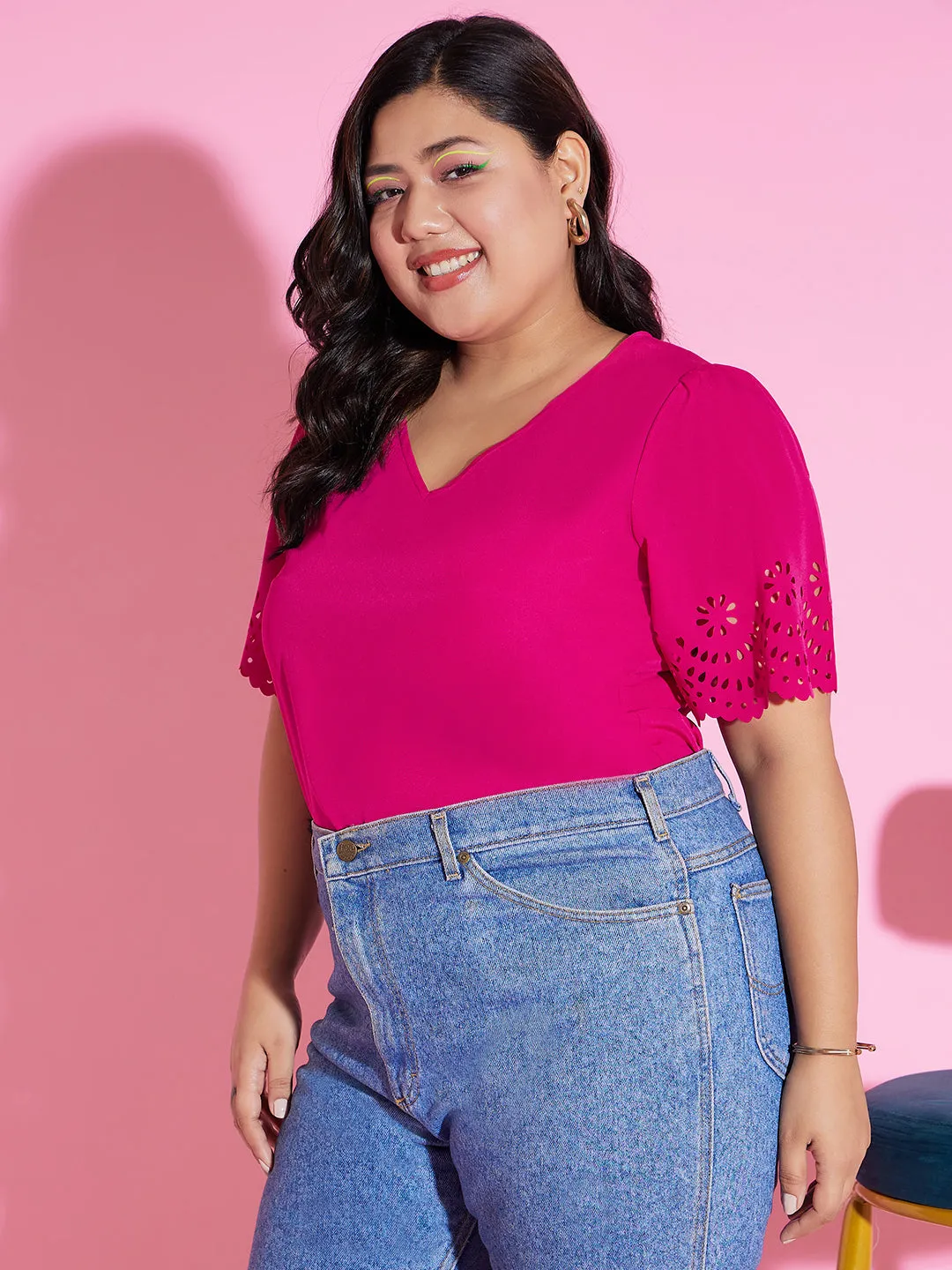 Berrylush Women Plus Size Solid Pink V-Neck Cutout Sleeve Crepe Regular Top