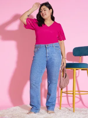 Berrylush Women Plus Size Solid Pink V-Neck Cutout Sleeve Crepe Regular Top